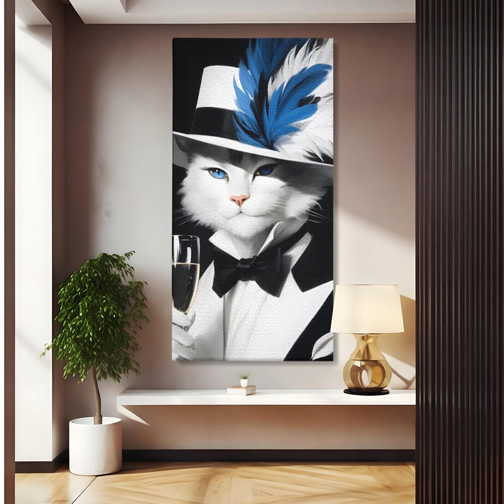Tablou canvas cu tablou canvas cu pisica aristocrata in costum, fara rama, pe sasiu de lemn